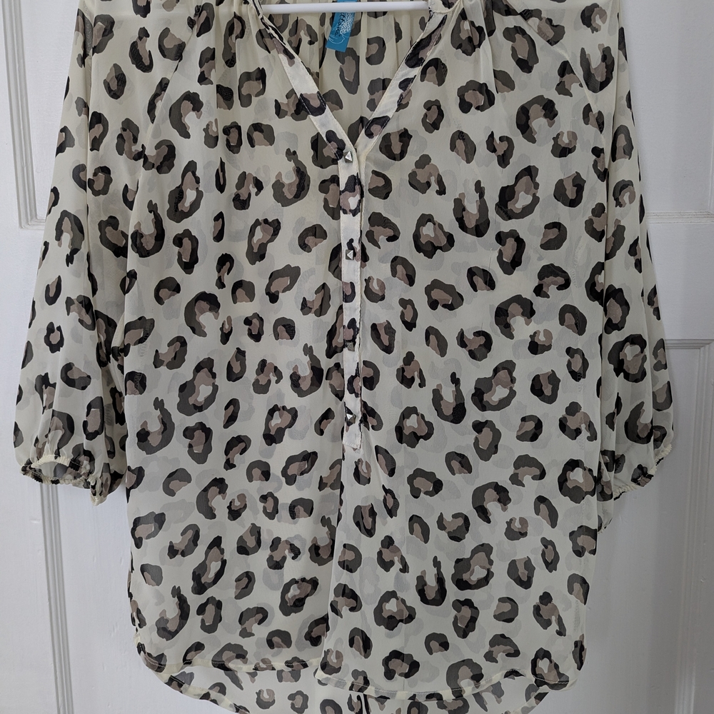 Buttons Animal Print Sheer Blouse